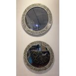 WALL MIRRORS, a pair, 1970's Italian design geometric inlaid frames, 61cm diam. (2)