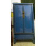 MARRIAGE CABINET, 178cms H x 88cms W x 42cms D, blue lacquer with two doors enclosing shelves and
