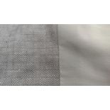 CURTAINS, a pair, lined and interlined, 360cm gathered x 360cm drop, grey silver fabric. (2)