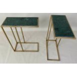 MARTINI TABLES, a pair, 60cms x 46cms x 22cms, green marble tops.
