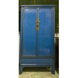 MARRIAGE CABINET, 178cms H x 88cms W x 42cms D, blue lacquer with two doors enclosing shelves and