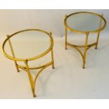 MAISON BAGUES STYLE SIDE TABLES, a pair, 45cms x 43cms x 43cms, gilt metal, glass tops (2).