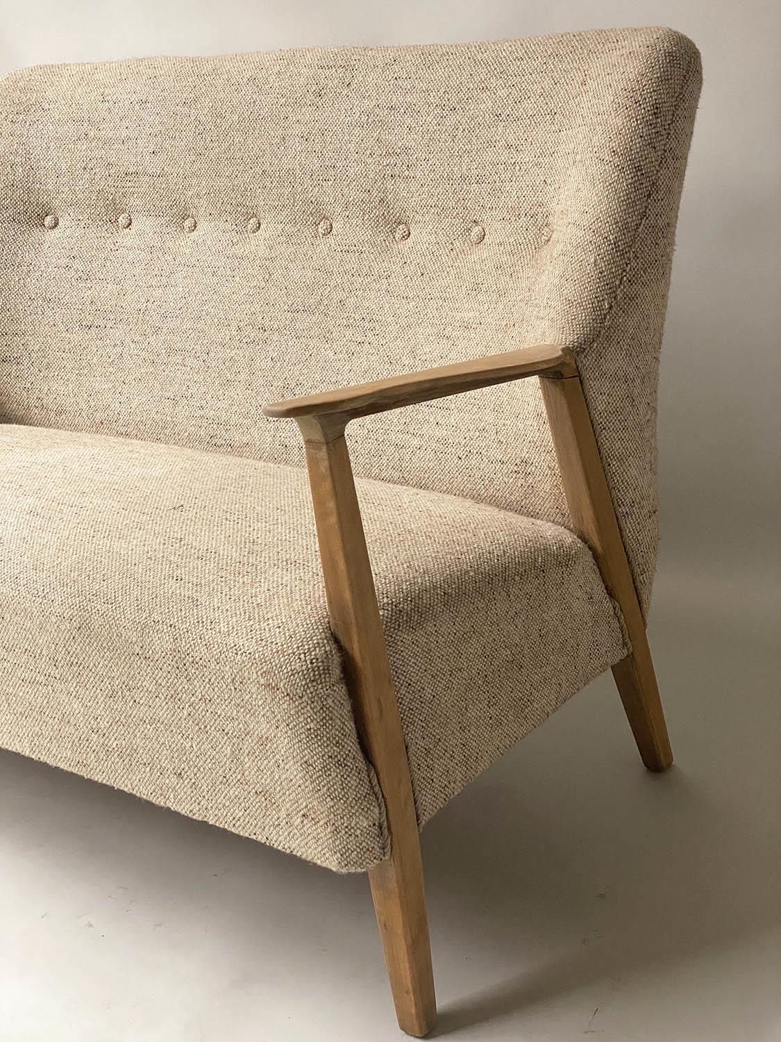 SOFA, 1970's Danish style, sycamore frame, with oatmeal upholstered button back and well shaped rear - Image 4 of 5