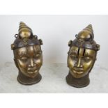 BENIN OBA HEADS, a pair, bronze, 40cm H. (2)