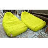 FLOOR LOUNGER BAGS, a pair, 130cm L approx., lime green fabric finish. (2) (need a clean)