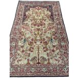 FINE ANTIQUE KERMAN LAVER RUG, 200cm x 133cm.