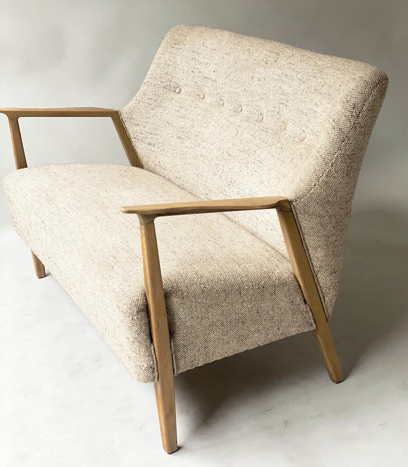 SOFA, 1970's Danish style, sycamore frame, with oatmeal upholstered button back and well shaped rear - Image 5 of 5