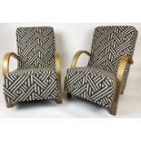 HALABALA STYLE CHAIRS, a pair, with geometric print upholstery, 80cm H x 61cm W. (2)