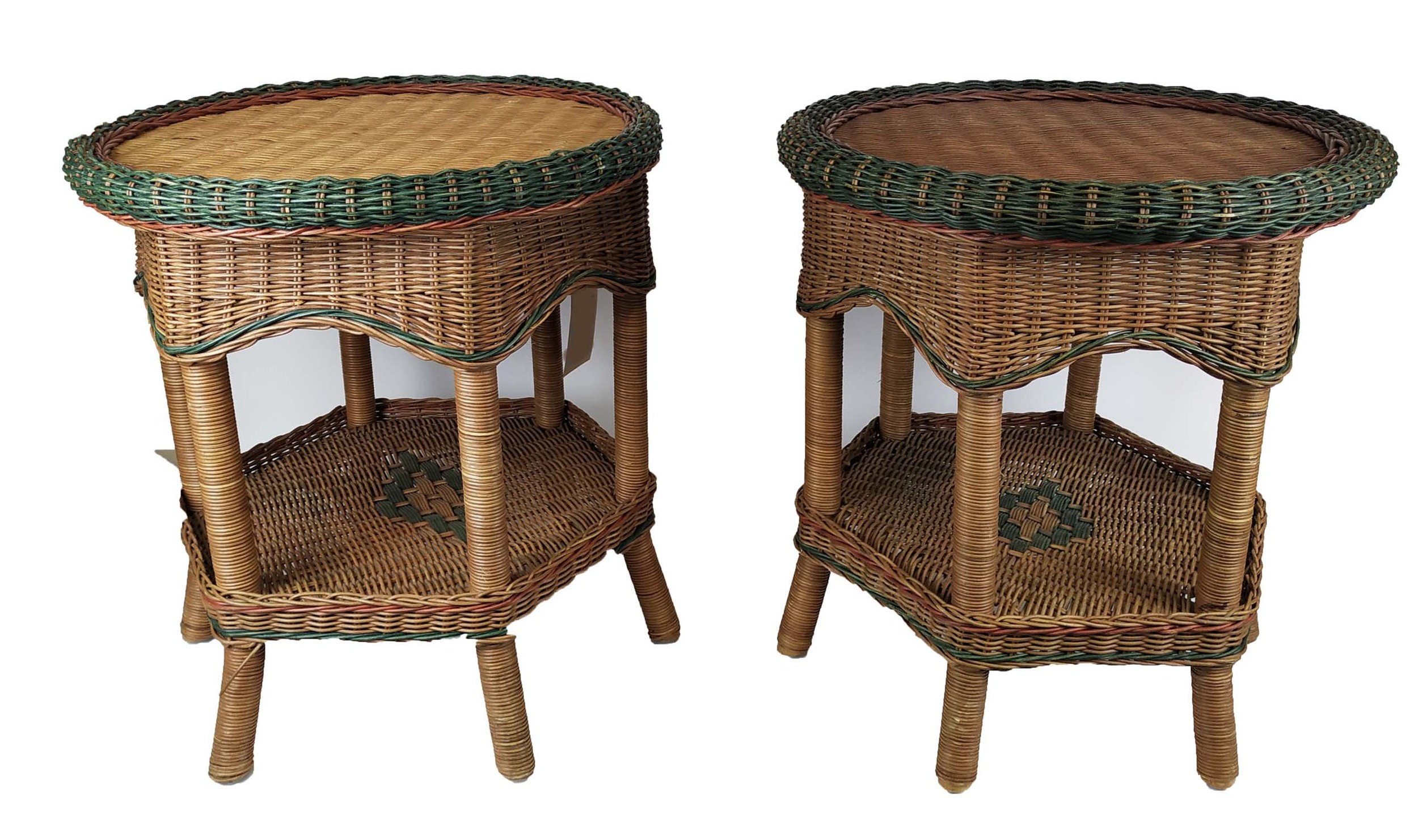 SIDE TABLES, a pair, 55cm H x 51cm diam, 1970's Italian style, in green and natural finish, with