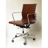 REVOLVING DESK CHAIR, Charles and Ray Eames inspired ribbed leather revolving and reclining on an