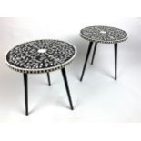 SIDE TABLES, a pair, Damascus design inlaid circular tops on tripod metal legs, 46cm H x 41cm x