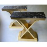 CONSOLE TABLES, a pair, 88cm x 36cm x 80cm H, bespoke gold leaf X form supports, black/gold marble