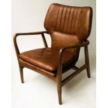 ARMCHAIR, 1970's Danish style oak framed and ribbed natural leather, 69cm W.