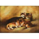 NATASHA KISSUK (Russian) 'Happy Cats', 1971, oil on canvas, 48cm x 67cm, framed.
