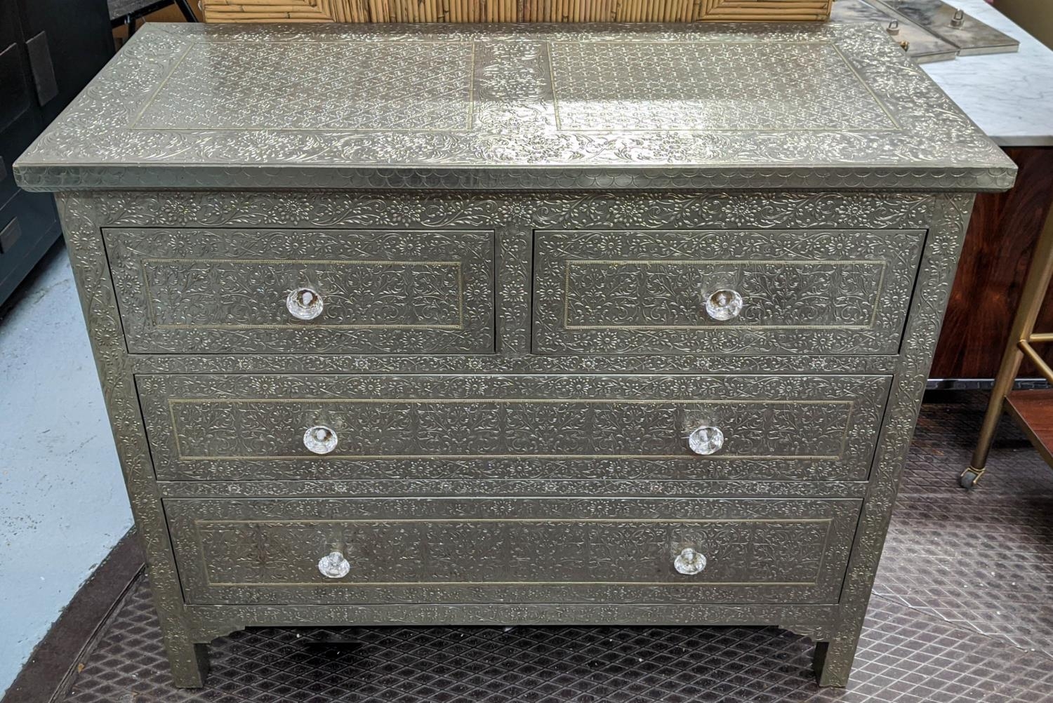 GRAHAM & GREEN EMBOSSED WHITE METAL CHEST OF DRAWERS, 107cm x 50cm x 87cm.