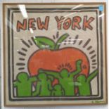 KEITH HARING 'New York', textile, with signature in the plate, 130cm x 131cm, framed and glazed.