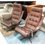 LOUNGE CHAIRS, a pair, vintage 1970's Danish, tanned leather and chrome, 78cm W. (2) (wear to arms)