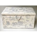 GEORGE SMITH OTTOMAN, country house style, padded toile de jouy upholstery and rising lid, 95cm x