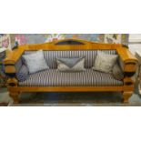 SOFA, 105cn H x 228cm W x 67cm D, Biedermeier birch and ebonised, in striped upholstery.
