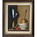 ROBERT McKELLAR (1945-2009) 'Clay Pipe', oil on board, signed, with label to verso, 32 cms x 29 cms,
