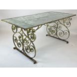 ORANGERY TABLE, 72cm H x 153cm x 77cm, early 20th century, scrolling iron frame with a frosted glass