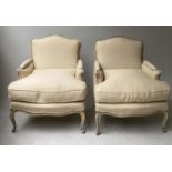 BERGERES, a pair, 69cm W, French Louis XV style, grey painted, with linen upholstery and feather