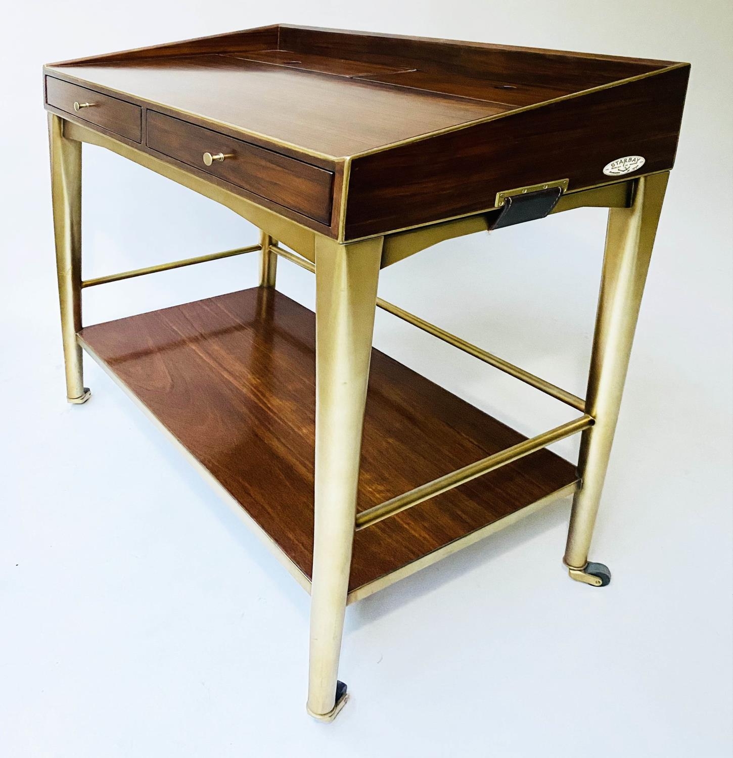 STARBAY WRITING TABLE, 80cm W x 40cm D x 90cm H, American, walnut and brass bound, with two drawers, - Image 5 of 8