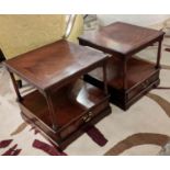 LAMP TABLES, a pair, 50cm sq x 50cm H, mahogany, with single drawers and two tiers. (2)