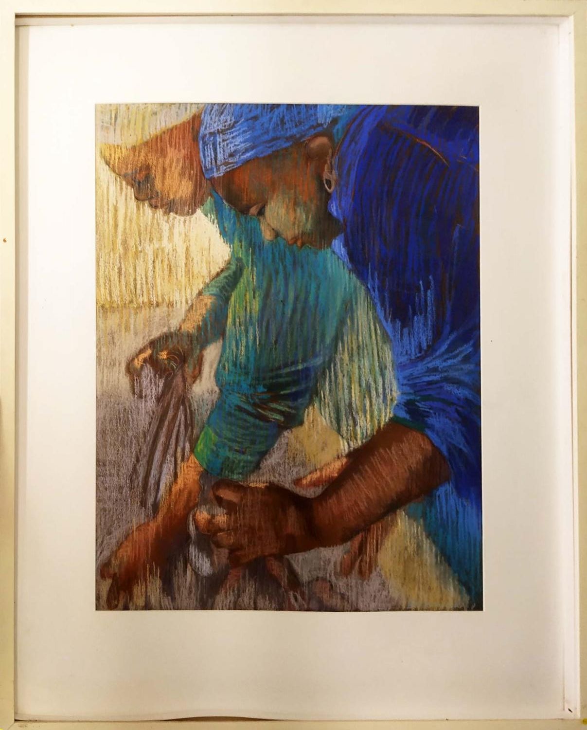 EM ISAACSON 'Wash Day', pastel on paper, label to verso, 65cm x 50cm, framed.