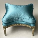 HEARTH STOOL, French Louis XVI style, grey painted with cavetto sides and blue silk cushion, 60cm