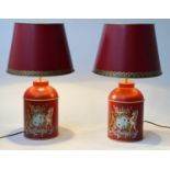 TOLEWARE LAMPS, a pair, scarlet enameled of tea canister form with the Royal coat of arms and