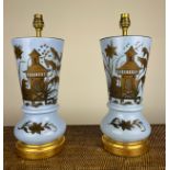 CHINOISERIE TABLE LAMPS, a pair, duck egg blue ceramic and gilt decorated with giltwood bases,