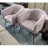 TUB ARM CHAIRS, a pair, 70cm x 67cm x 75cm, pink velvet upholstered. (2)