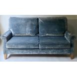 HOWARD STYLE SOFA BY KINGCOMBE, blue crushed velvet with scroll arms, shaped sides and square