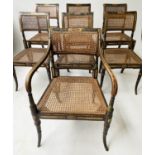 DINING CHAIRS, a set of seven, Regency period lacquered faux rosewood and gilt and green decorated