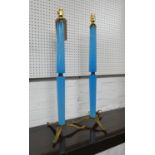 MURANO COLUMN TABLE LAMPS, a pair, vintage blue opaline glass on tripod brass bases, 72cm H. (2)