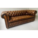 CHESTERFIELD SOFA, natural brown buttoned hide leather with deep rounded back and arms, 187cm W.