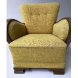 DANISH ARMCHAIR, mid century teak with cut buttoned yellow upholstery and curved arms, 70cm W.