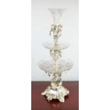 EPERGNE, late 19th century French style, silver-plate scrolling grape vines with cut glass flute and