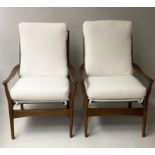 ARMCHAIRS, a pair, 66cm W, mid century teak, with lambswool style upholstery. (2)