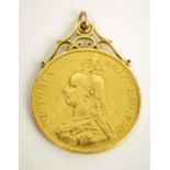 FIVE POUND 1887 JUBILEE QUEEN VICTORIA GOLD COIN, 22 carat with 18 carat gold mount.