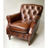 CLUB ARMCHAIR, vintage buttoned brown leather with turned front supports, 76cm W.