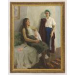 BORIS SPORYKHIN (Russian 1928-2020) 'Deep in Conversation', 1954, oil on canvas, 114cm x 85cm,