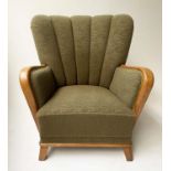 DANISH ARMCHAIR, Art Deco oak with cloud channeled ribbed and cord trimmed upholstery, 78cm W.