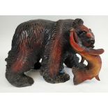 KIBORI KUMA (Hokkaido, Japan), Bear with Salmon, carved wood, approx. 36cm L.