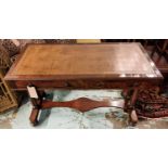 LIBRARY TABLE, Victorian mahogany with tooled leather top above two freeze drawers, 76cm H x 120cm W