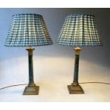 TABLE LAMPS BY BESSELINK & JONES, a pair, 78cm H, marble columns, brass Corinthian capped, and plaid