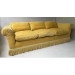 SOFA, country house primrose yellow velvet with feather seat and back cushions, 225cm W.