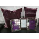 WILLIAM YEOWARD SELECTION, including three photo frames 22cm H and two velvet cushions, 47cm x