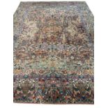 FINE ANTIQUE PERSIAN KIRMAN LAVER CARPET, 363cm x 265cm.